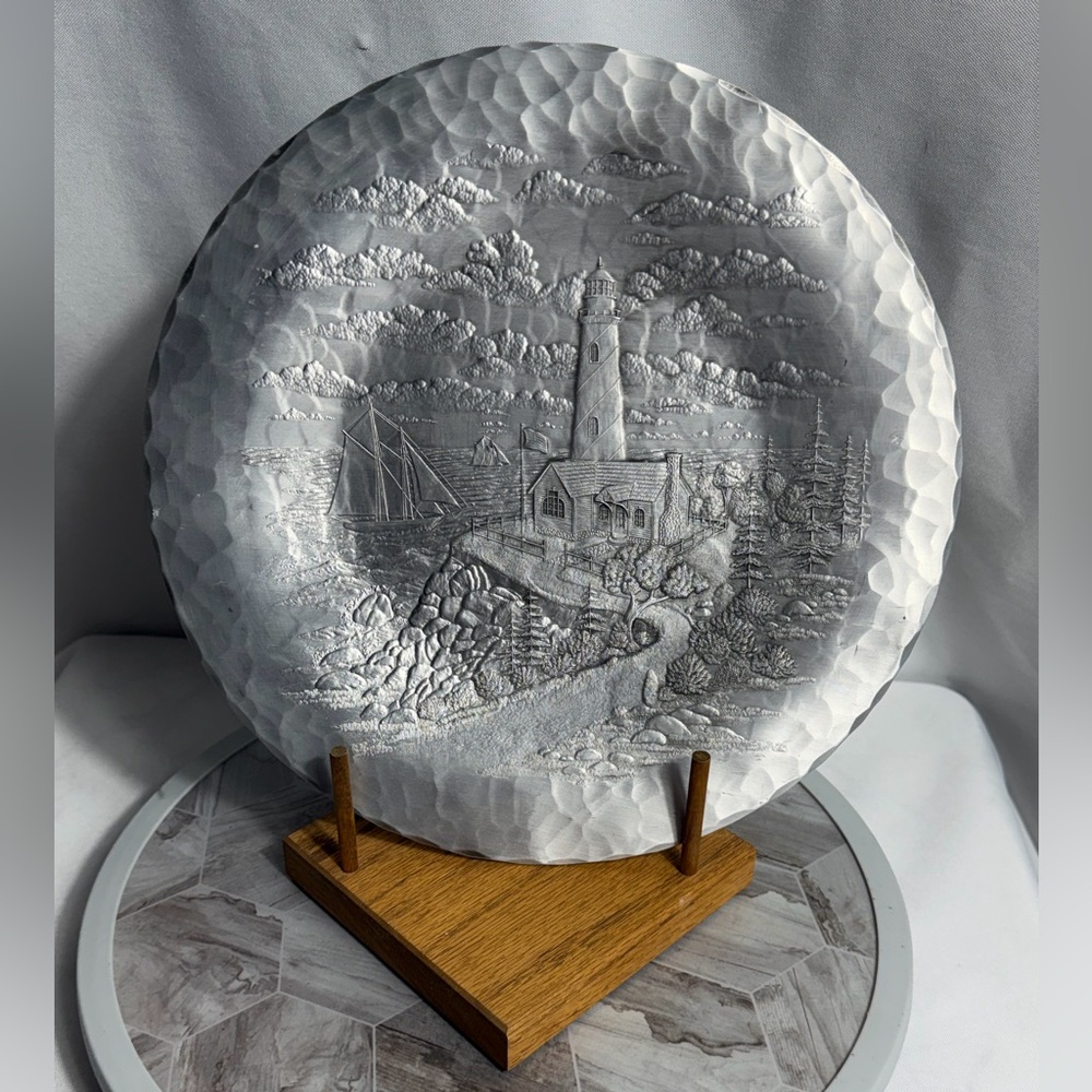 Hand Hammered The Forge Williamsburg VA Aluminum Lighthouse Plate w/ Stand